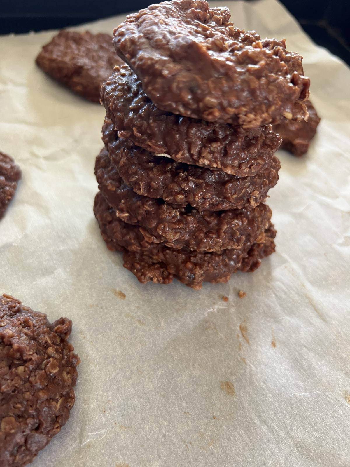 stack of no bake chocolate cookies