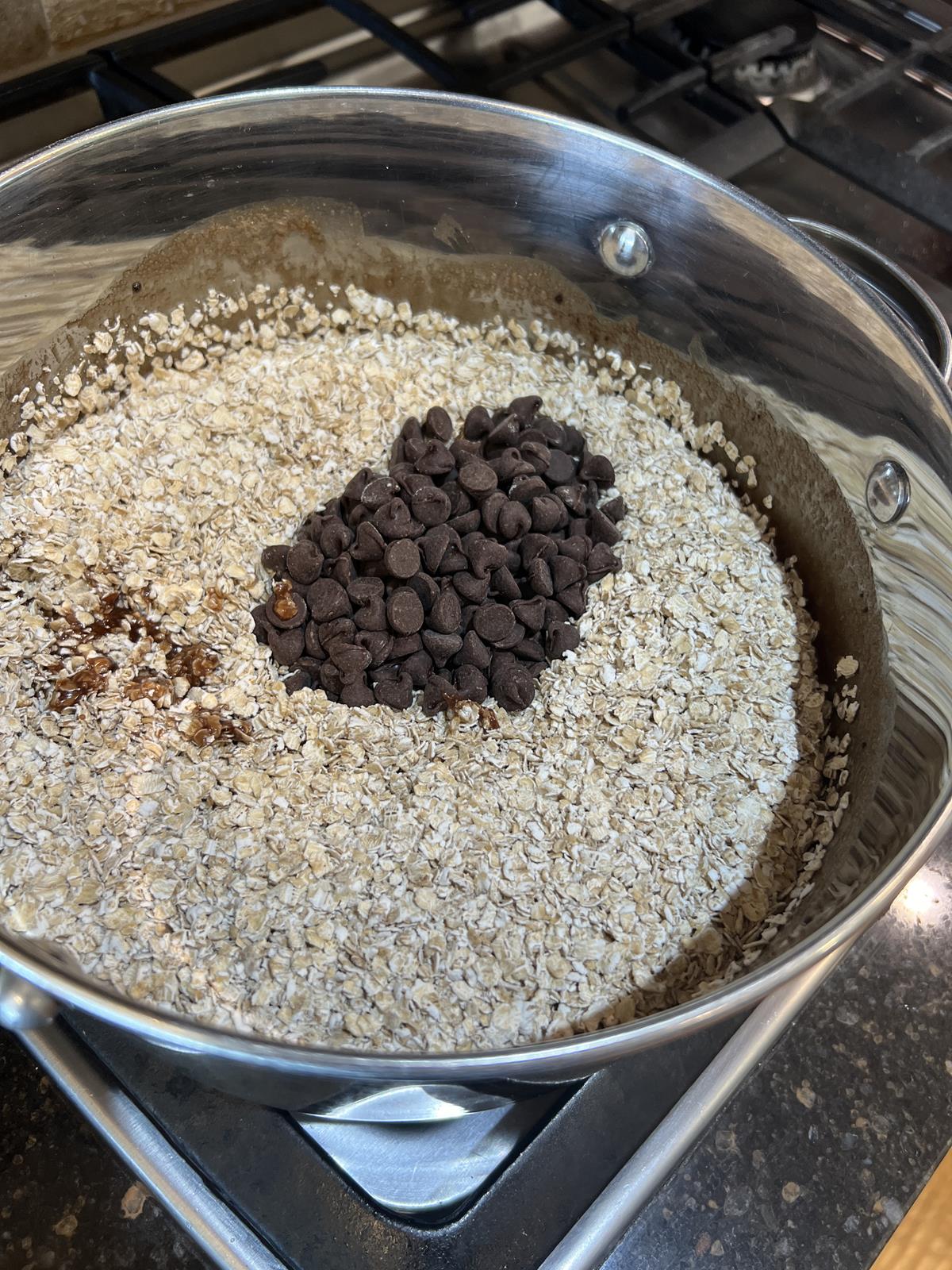 oatmeal, chocolate chips, butter, and sugar in a pan