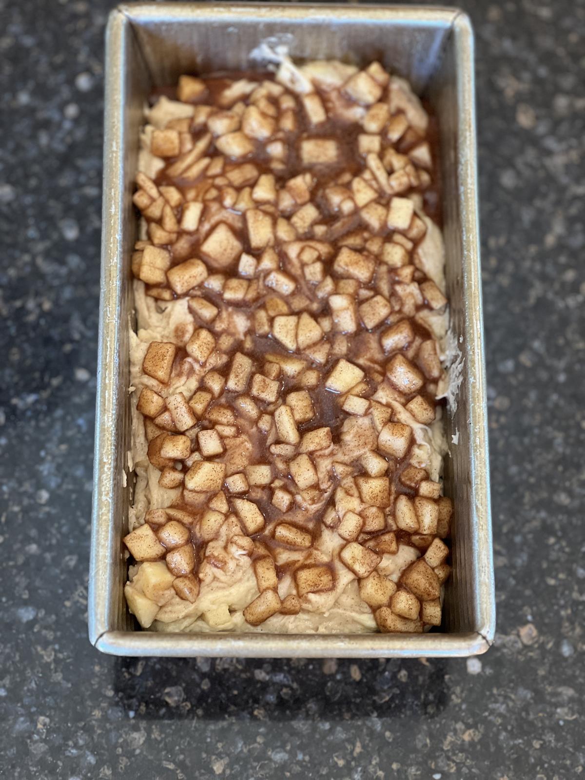 Gluten Free Apple Fritter Bread unbaked in bread pan