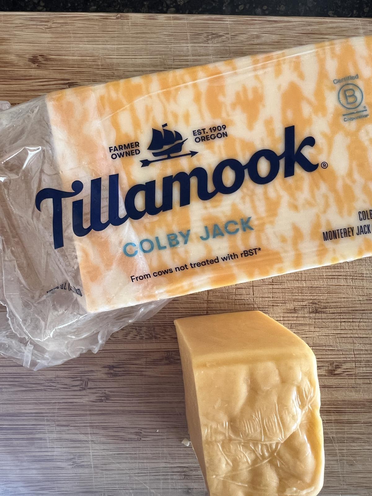 block of Tillamook colby jack cheese