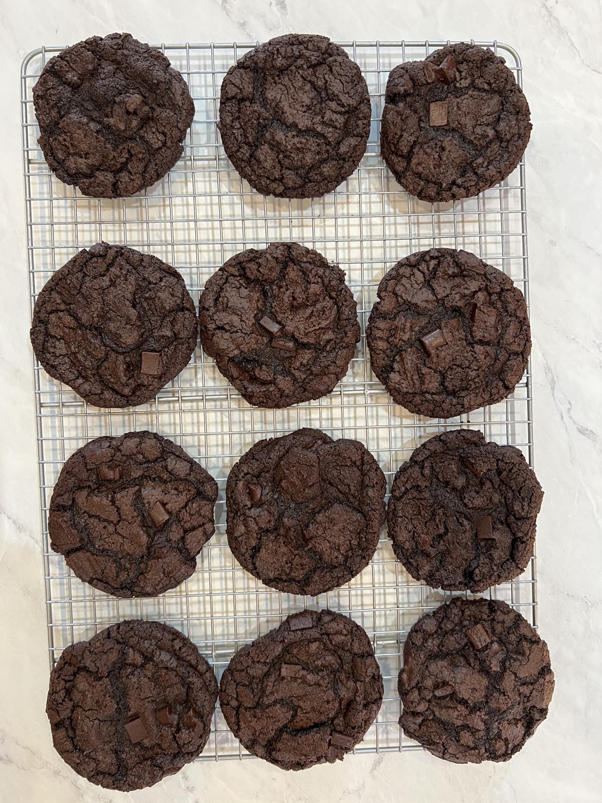 double chocolate cookies on cooking rack