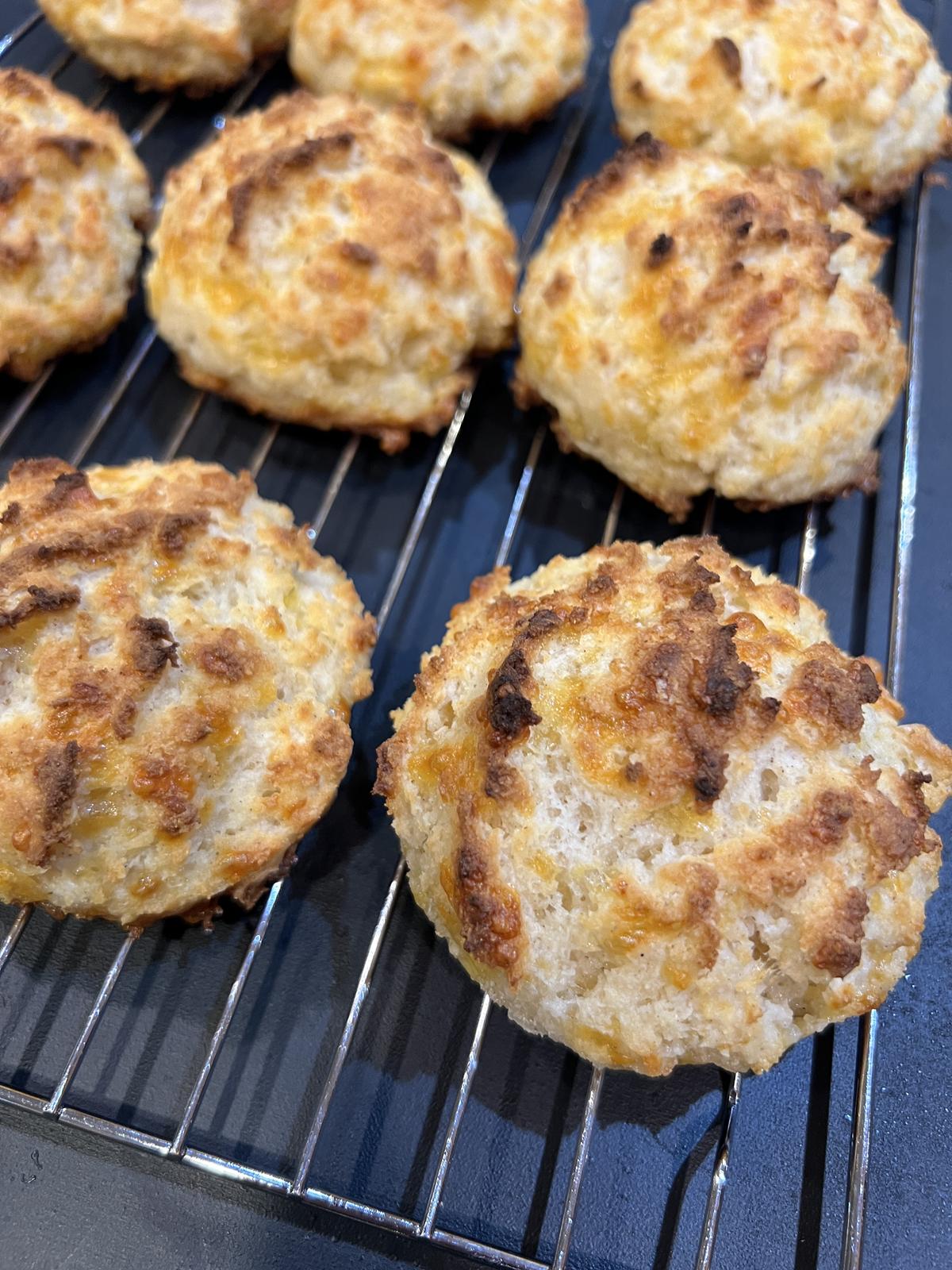 Gluten Free Cheddar Bay Biscuit on cooling rack