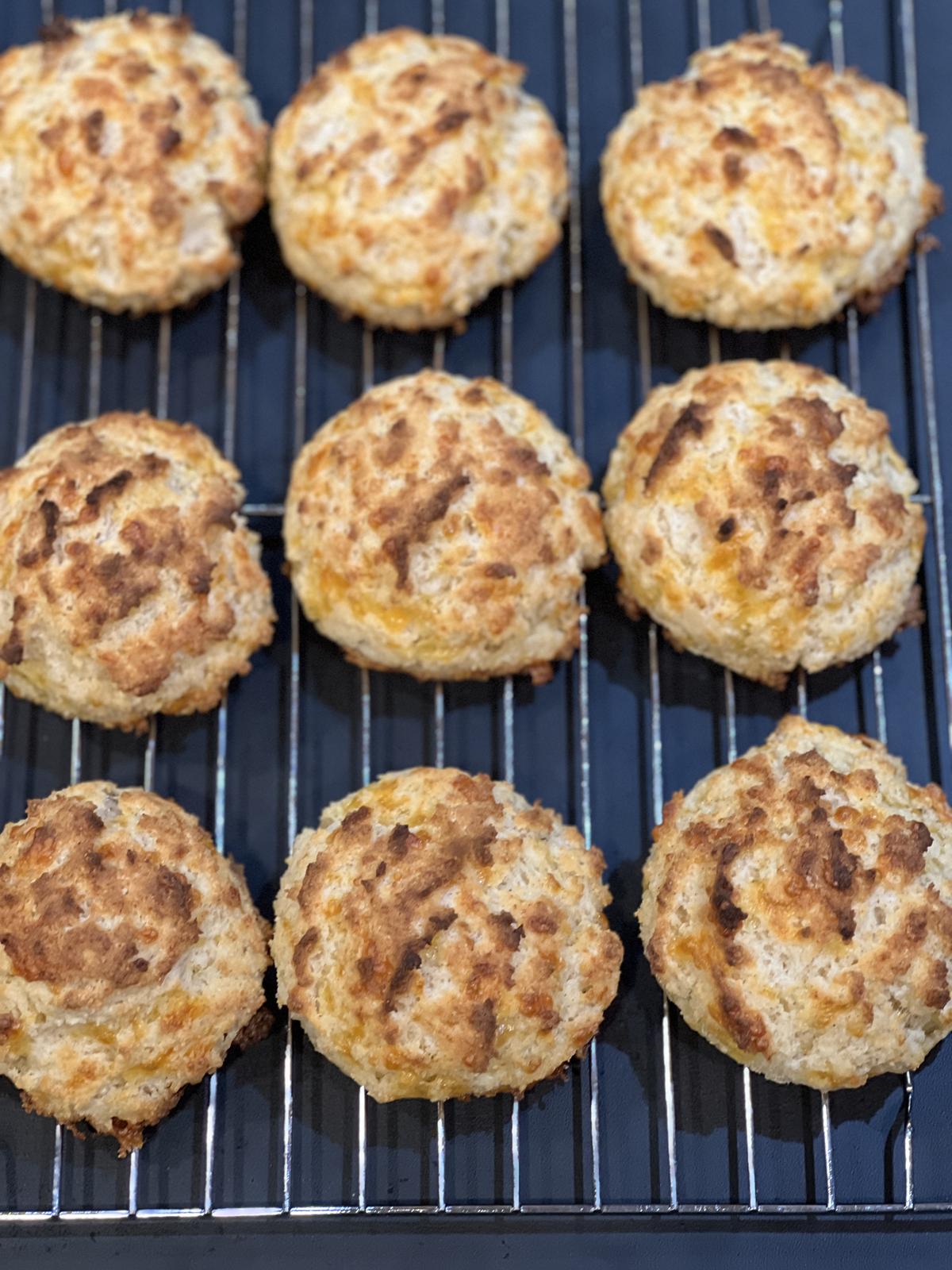 cheddar biscuits on cooling rack